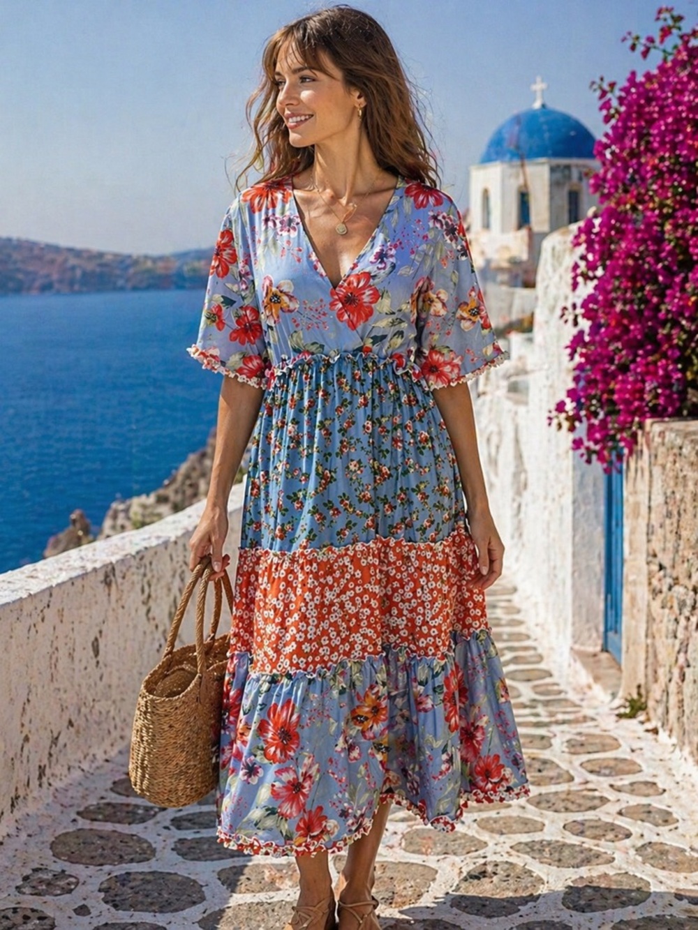 👗 Mixed Floral Print Midi Dress - V-Neck